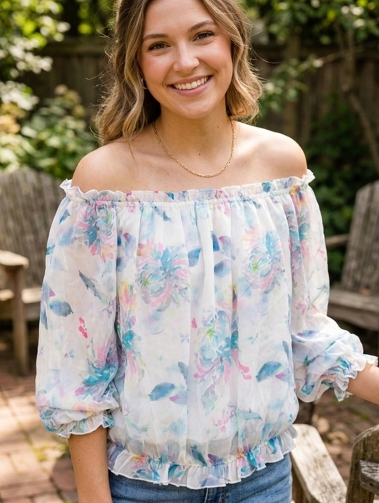 Tops - Women's Off-Shoulder Floral Blouse in White Multi